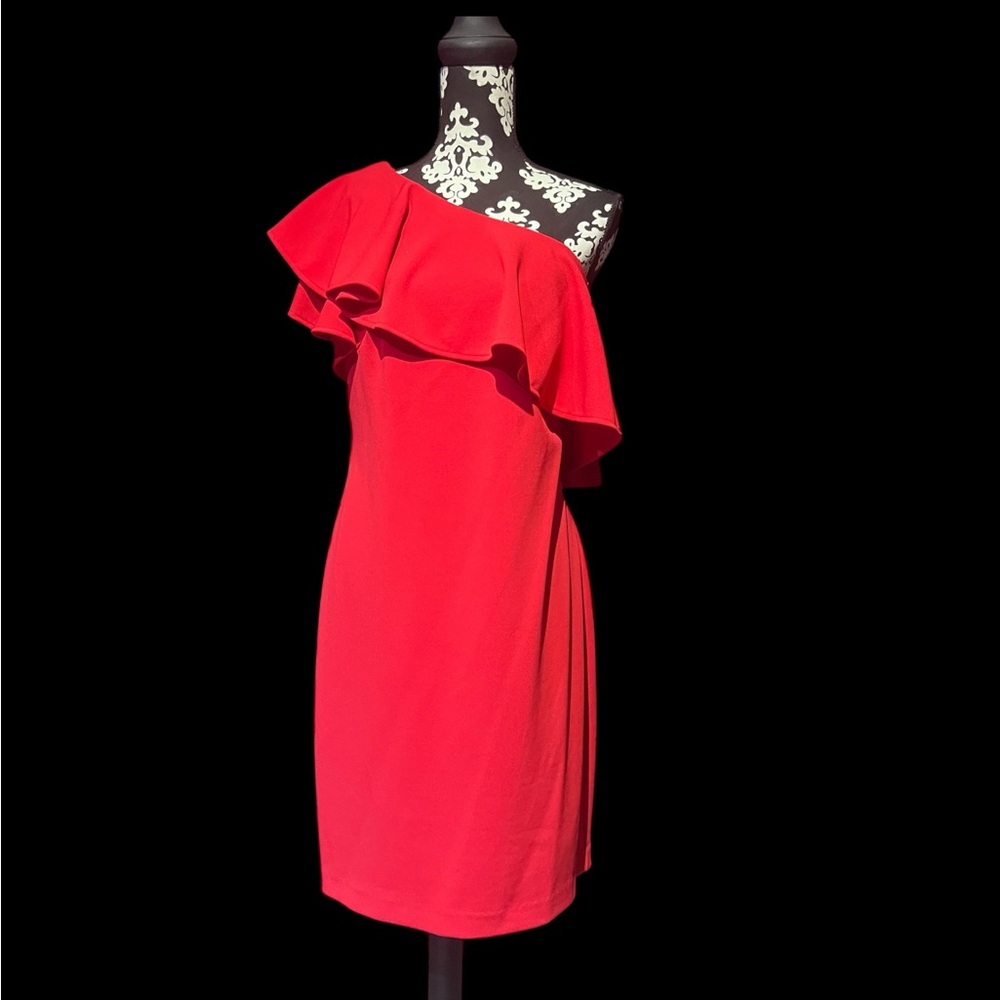 Vince Camuto Red One Shoulder Ruffle Sheath Dress Red Wedding Stretch Sz 10 - Picture 2 of 3